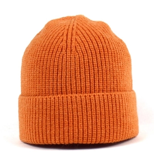 Classic orange ribbed knit beanie for women featuring a warm folded brim design