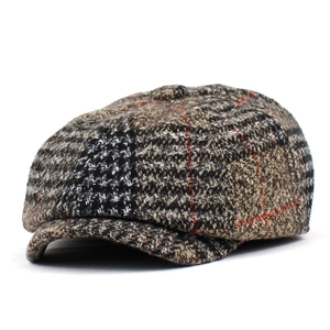 Retro houndstooth newsboy cap in wool blend tweed with brown and red plaid pattern