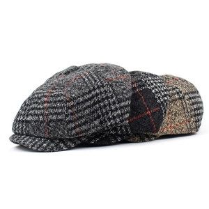 Vintage plaid wool newsboy caps for women in grey, black and khaki British style
