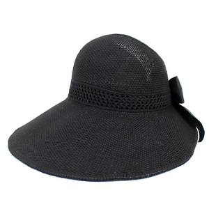 Detail of black woven sun visor for women featuring a stylish satin bow and wide brim