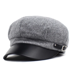 Vintage Woolen And PU Leather Patchwork Newsboy Cap For Women British Style Octagonal Hat With Metal Buckle Winter Hat