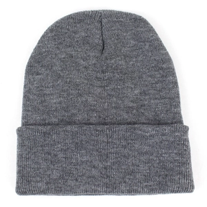 Detailed view of the dark grey ribbed knit beanie showing thick wool-like texture