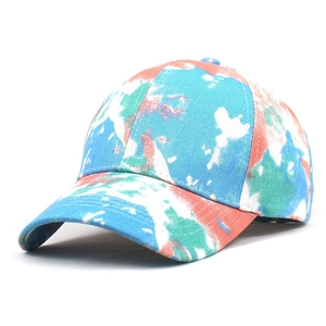Detailed view of colorful tie-dye splash ink pattern on high-quality baseball cap