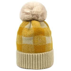 Chic autumn winter plaid knit beanie for women with warm wool lining and fluffy pompom