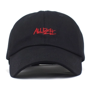 Classic black cotton baseball cap with red ALLDAY embroidery and curved brim