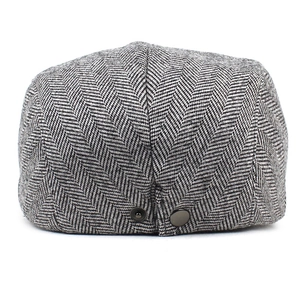 Classic herringbone wool flat cap with vintage metal buckle details for men and women