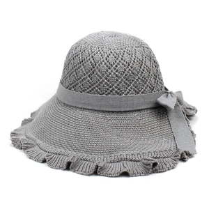 Women Cotton Yarn Knitted Sun Hat Hollow Out Large Brim Wavy Edge Bowknot Summer Beach Vacation Foldable Shading Hat