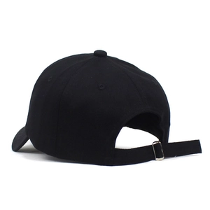 Rear view of a classic black cotton baseball cap featuring an adjustable metal buckle strap