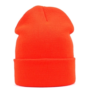 Detailed view of neon orange ribbed knit beanie with thick fold-over cuff for winter