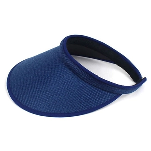 Detail view of navy blue linen top-less sun hat showing woven texture and wide brim