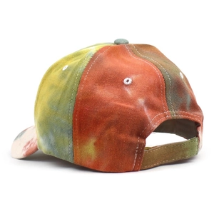 Detail view of colorful tie-dye baseball cap with adjustable strap and breathable eyelets