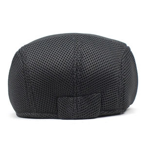 Close-up of black breathable mesh beret cap with adjustable elastic strap back view