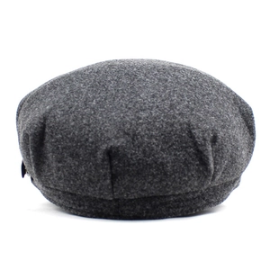 Deep grey wool newsboy hat with pleated crown and stylish leather brim for women