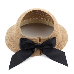 Cappello da sole in maglia da donna con grande fiocco nero per le vacanze estive al mare