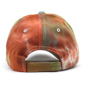 Tie-dye baseball cap in orange and olive green with adjustable back buckle and white stitching