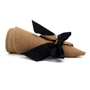 Roll-up khaki straw sun hat with a large black grosgrain bow for women outdoor sun protection