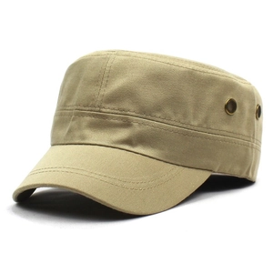 Detail of khaki cotton cadet cap showing metal eyelets and reinforced brim stitching