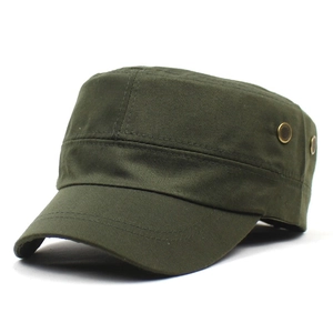 Detail of army green cotton cadet cap featuring metal eyelets and reinforced stitching