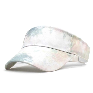 Detailed view of the tie-dye pattern and stitching on a sun visor hat for women