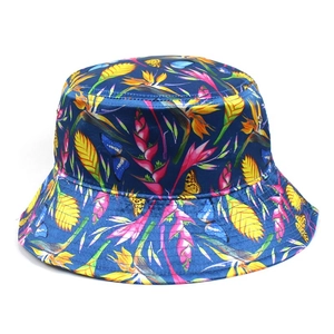 Foldable women's sun hat featuring tropical floral and butterfly prints in navy blue