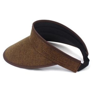 Adjustable brown woven sun visor hat with elastic strap and wide curved brim for summer