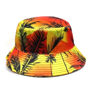Women Satin Bucket Hat Tropical Palm Tree Floral Print Foldable Summer Sun Hat Outdoor Vacation Travel Fashion Accessories