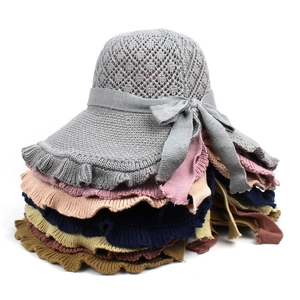 Knit crochet sun hats for women with hollow lace patterns and decorative bow accents