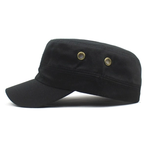 Adjustable black cotton flat top military cadet cap with metal side ventilation eyelets