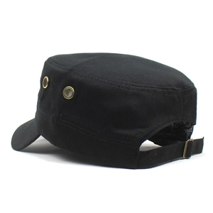Classic black cotton cadet cap for men featuring side eyelets and adjustable metal buckle