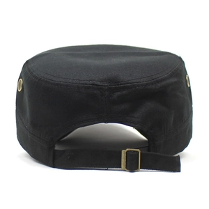 Rear view of black cotton flat top army cap featuring adjustable metal buckle strap