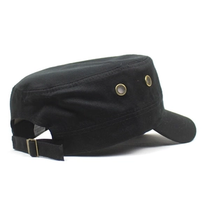 Detail view of black cotton military cap showing adjustable metal buckle and side air vents