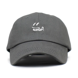 Classic dark grey cotton baseball cap with embroidered smile face and smile text