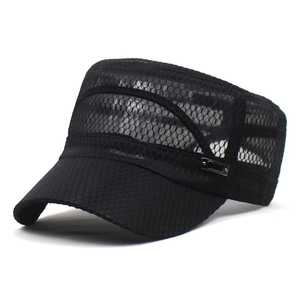 Detail view of the breathable hexagonal mesh fabric and side metal buckle on the black flat top cap
