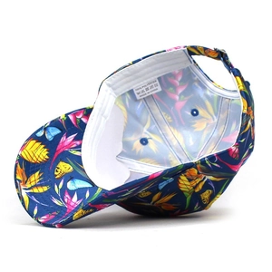 Women's floral baseball cap with tropical bird and butterfly print in deep blue polyester