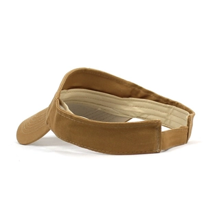 Detail view of khaki sun visor with adjustable velcro strap and cotton sweatband