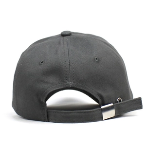 Dark grey cotton baseball cap showing back view with adjustable metal buckle and eyelets