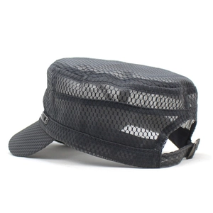 Detail of black mesh cadet cap showing breathable honeycomb texture and adjustable buckle