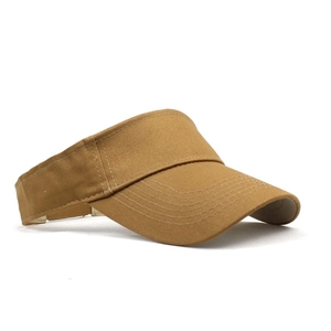 Side view of khaki cotton sun visor with breathable open top and adjustable back strap