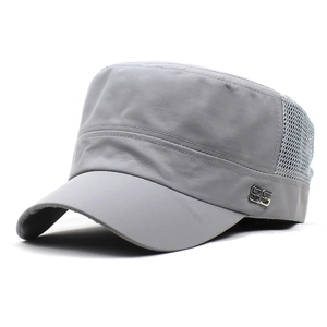 Detail of grey breathable mesh stitching and silver 95 metal logo on cadet cap