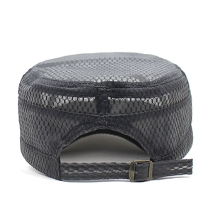 Rear view of dark grey breathable mesh cadet cap with adjustable metal buckle on white background