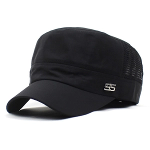 Detail of breathable mesh splicing and silver metal number on black patrol cap