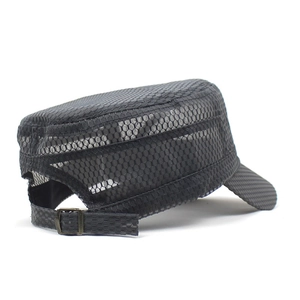 Detail of adjustable metal buckle and breathable hexagonal mesh fabric on black cadet cap