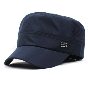 Close-up of navy cadet cap featuring breathable mesh panels and silver number 95 metal buckle
