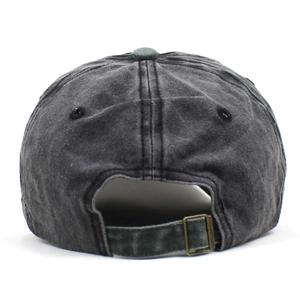 Rear view of washed cotton baseball cap with adjustable metal buckle and strap