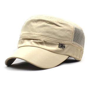 Detail of khaki military cap featuring breathable mesh panels and a metallic logo badge