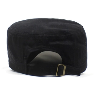 Rear view of black cotton cadet cap showing adjustable strap with bronze metal buckle
