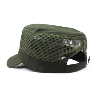 Detail of army green flat top military cap with breathable mesh sides and adjustable buckle