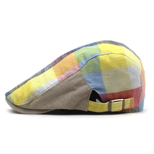 Retro plaid patchwork flat cap with breathable cotton fabric and adjustable metal buckle
