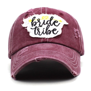 Vintage washed burgundy cotton baseball cap with bride tribe embroidery and distressed details
