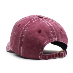 Rear view of washed cotton baseball cap with white stitching and metal adjustment buckle